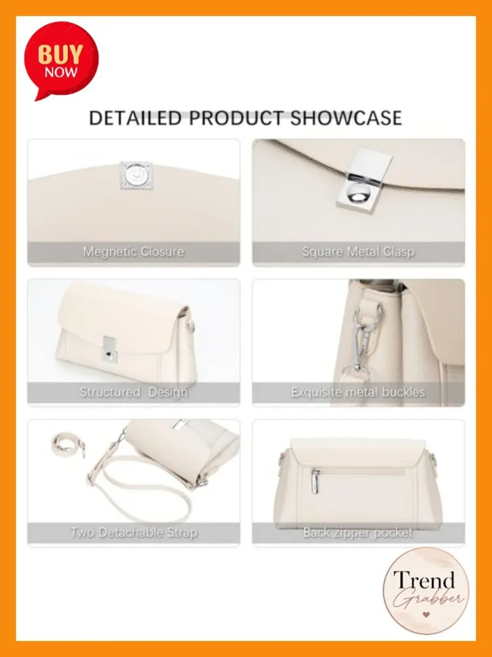 Faux Leather Shoulder Bag with Magnetic Closure, Detachable Straps, 3